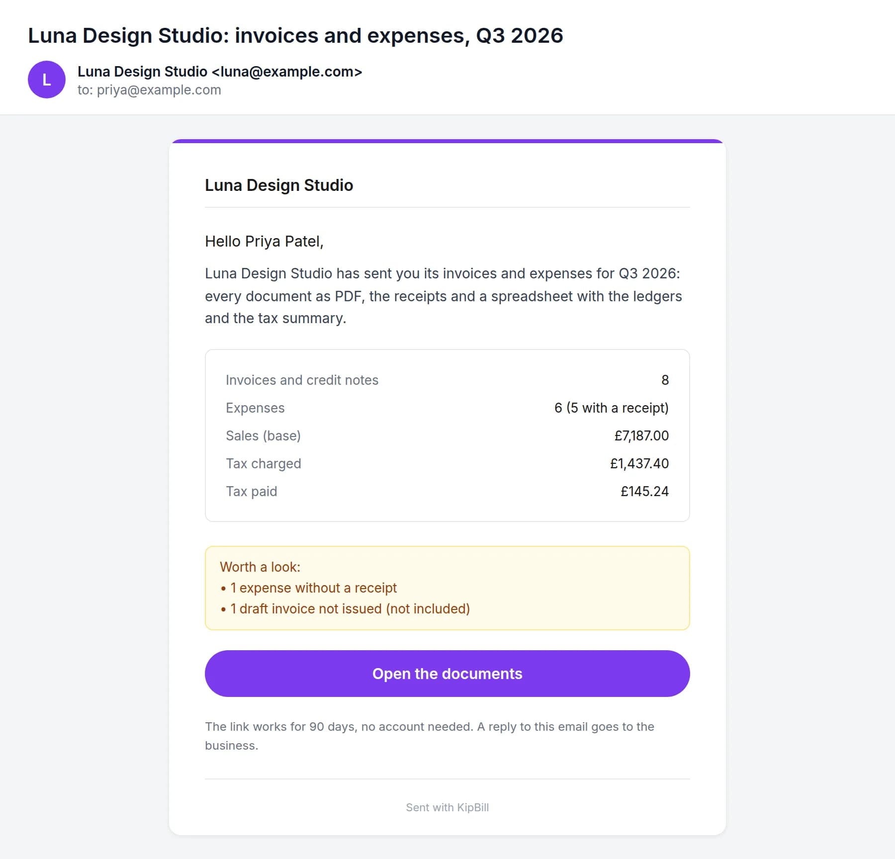 The email the accountant gets: Luna Design Studio, invoices and expenses for Q3 2026, with the summary and the Open the documents button