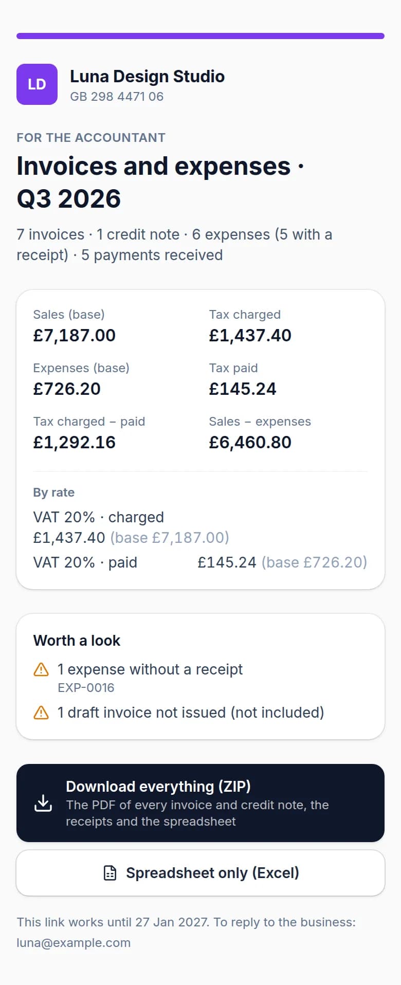 The accountant's page on a phone: Luna Design Studio's invoices and expenses for Q3 2026, with the figures by VAT rate and the download buttons