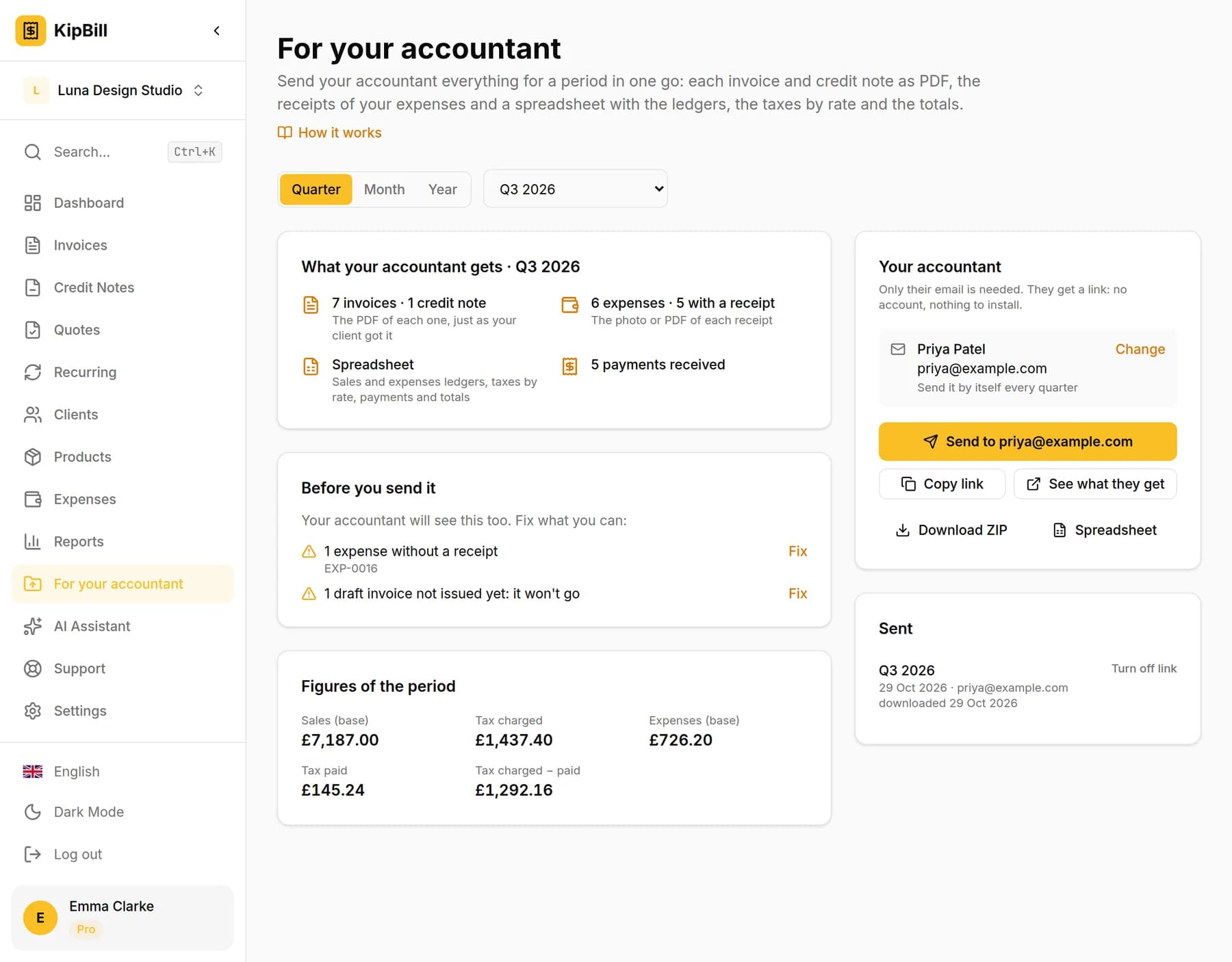 KipBill's For your accountant page with Q3 2026 picked: what the accountant gets, what to check before sending, the figures of the period and the accountant's details