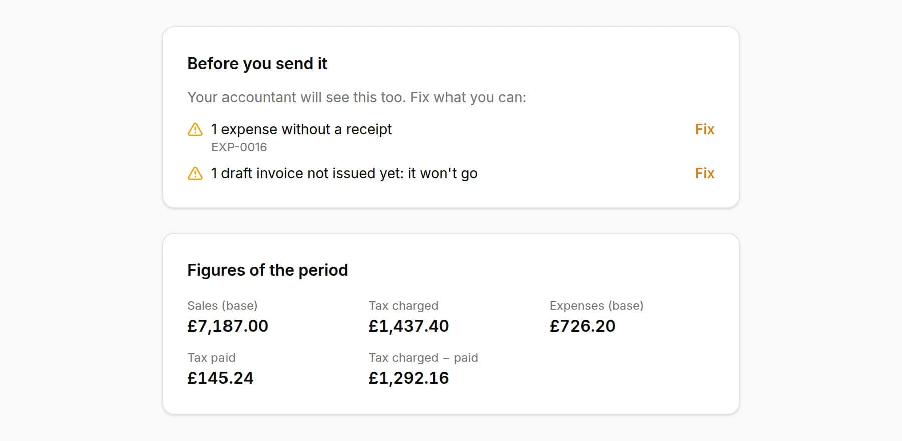 Before you send it: one expense without a receipt and one draft invoice that won't go; below, the figures of the period with sales, VAT charged, expenses and VAT paid