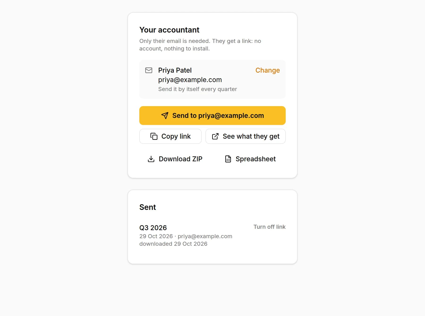 The accountant saved with the quarterly sending, the Send to button with their email, Copy link and See what they get, and the Sent list with the quarter downloaded