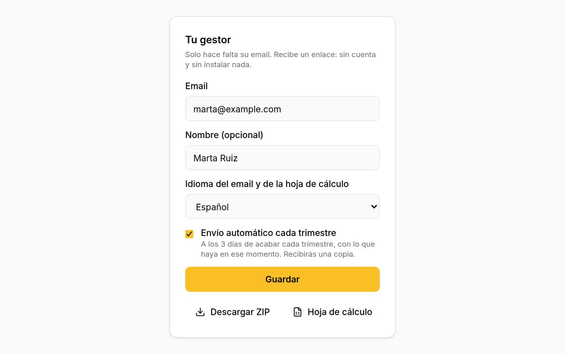 Datos del gestor en KipBill: email, nombre, idioma del email y de la hoja de cálculo y la casilla Envío automático cada trimestre marcada