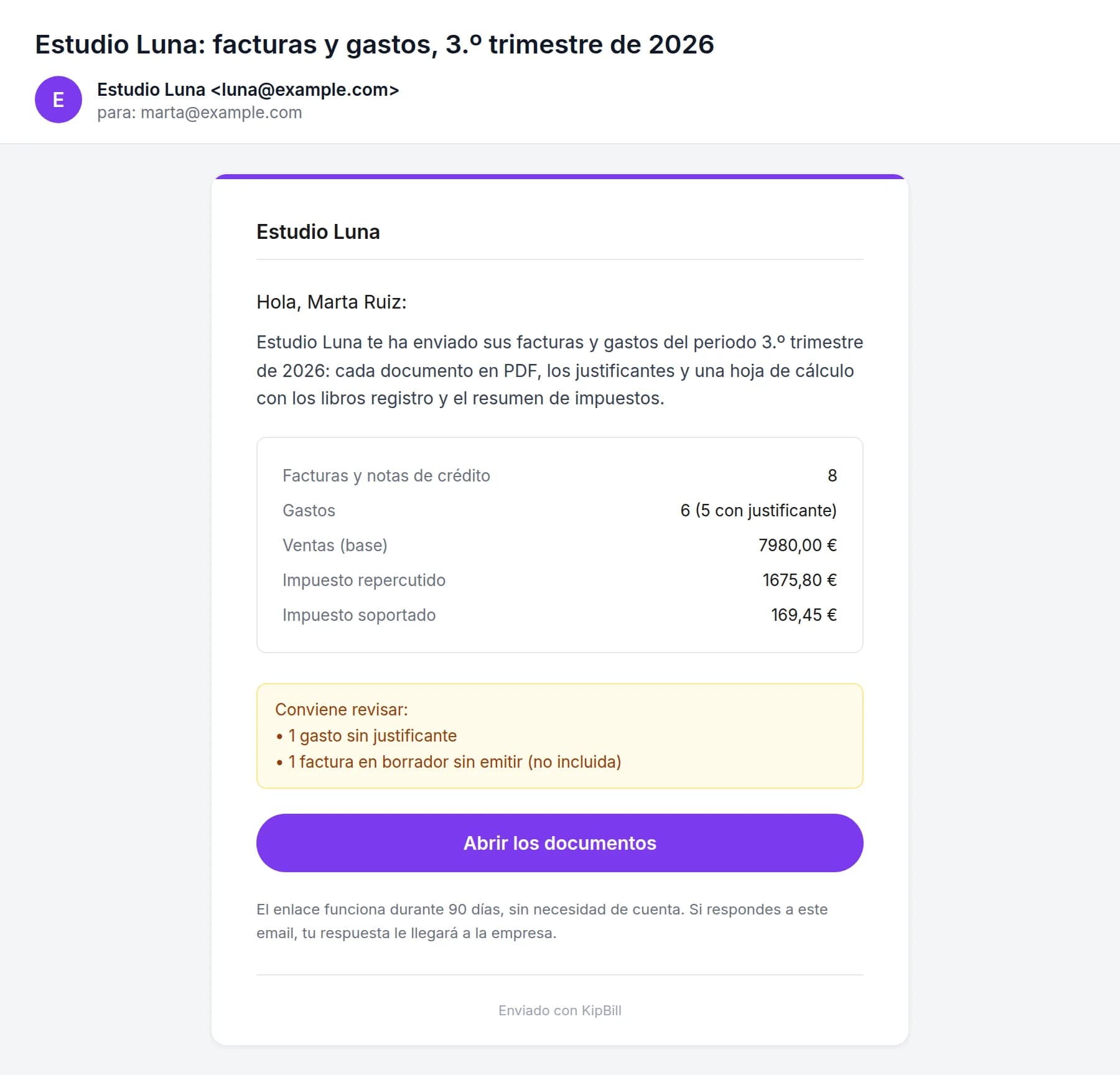 Email que recibe el gestor: Estudio Luna, facturas y gastos del tercer trimestre de 2026, con el resumen y el botón Abrir los documentos