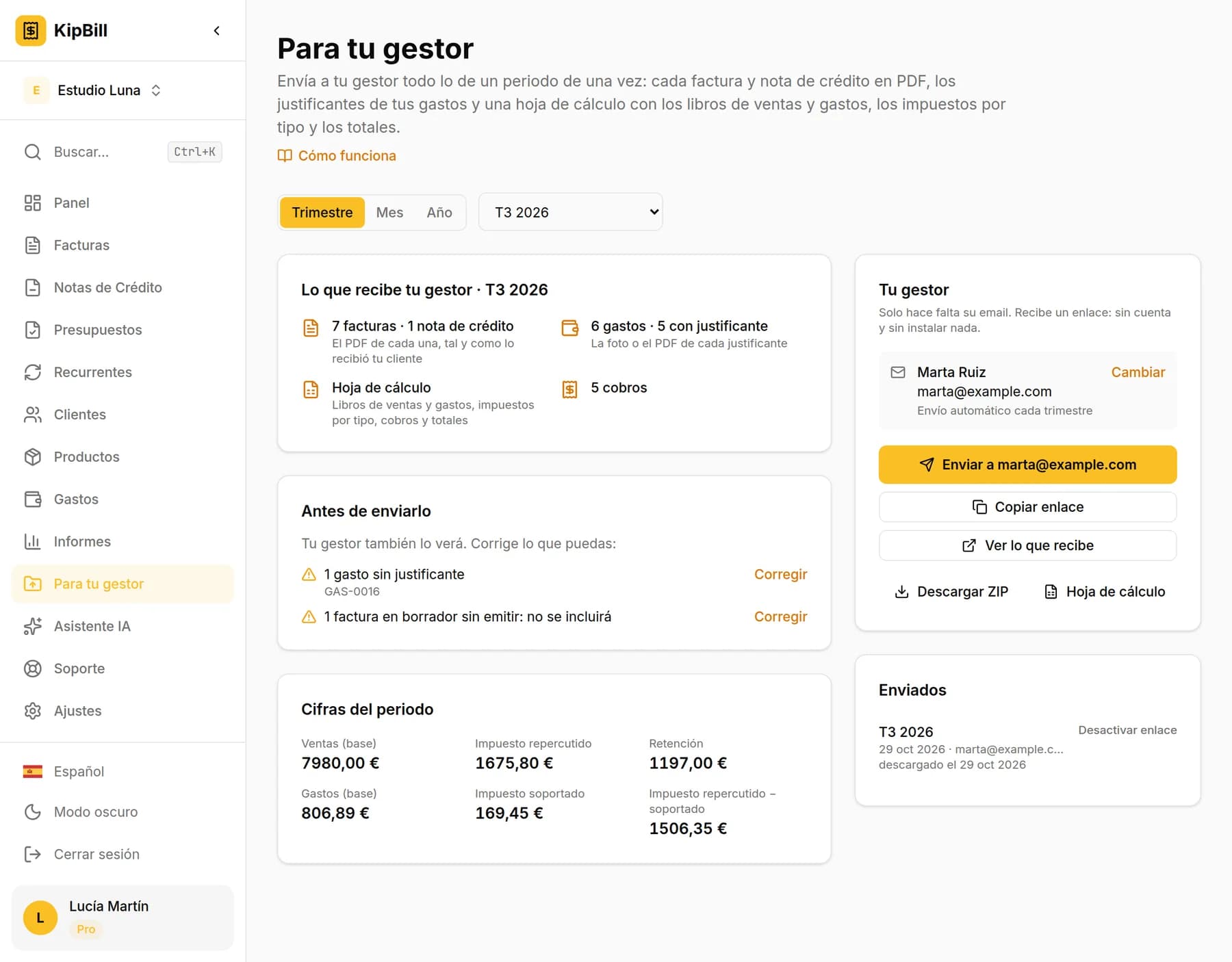 Página Para tu gestor de KipBill con el tercer trimestre de 2026 elegido: lo que recibe el gestor, los avisos antes de enviarlo, las cifras del periodo y los datos del gestor