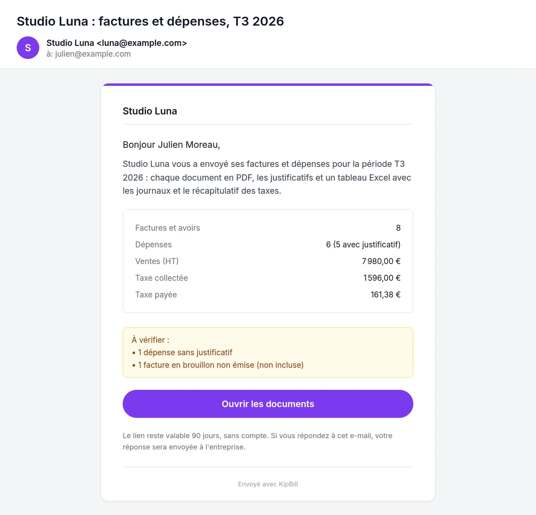 L'e-mail que reçoit le comptable : Studio Luna, factures et dépenses du T3 2026, avec le récapitulatif et le bouton Ouvrir les documents