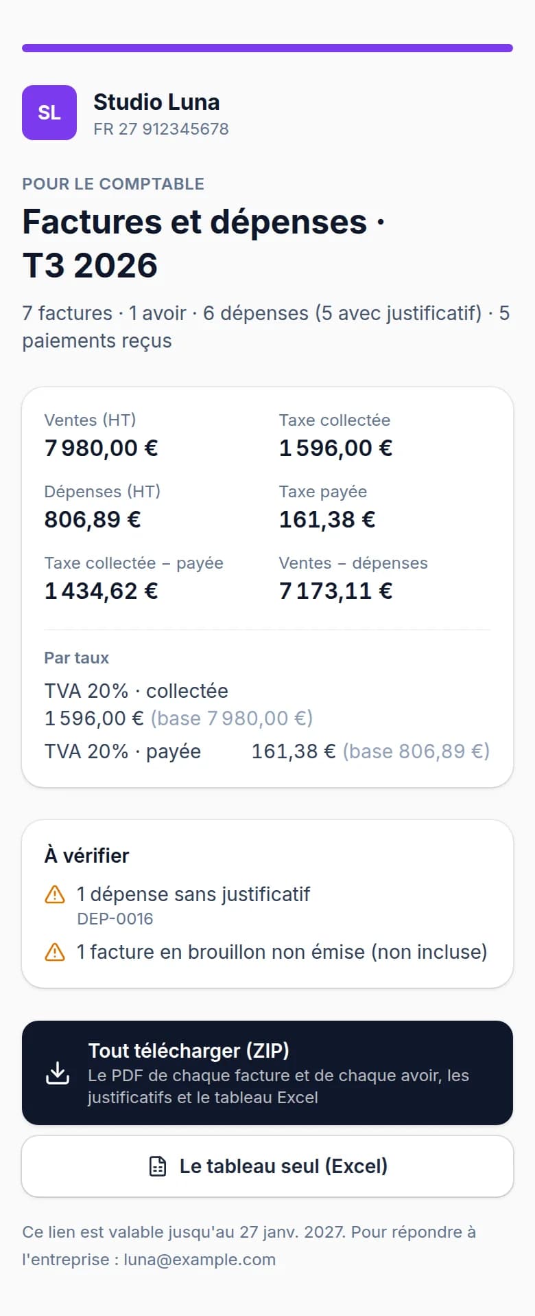 La page du comptable sur un téléphone : les factures et dépenses du T3 2026 de Studio Luna, avec les chiffres par taux de TVA et les boutons de téléchargement