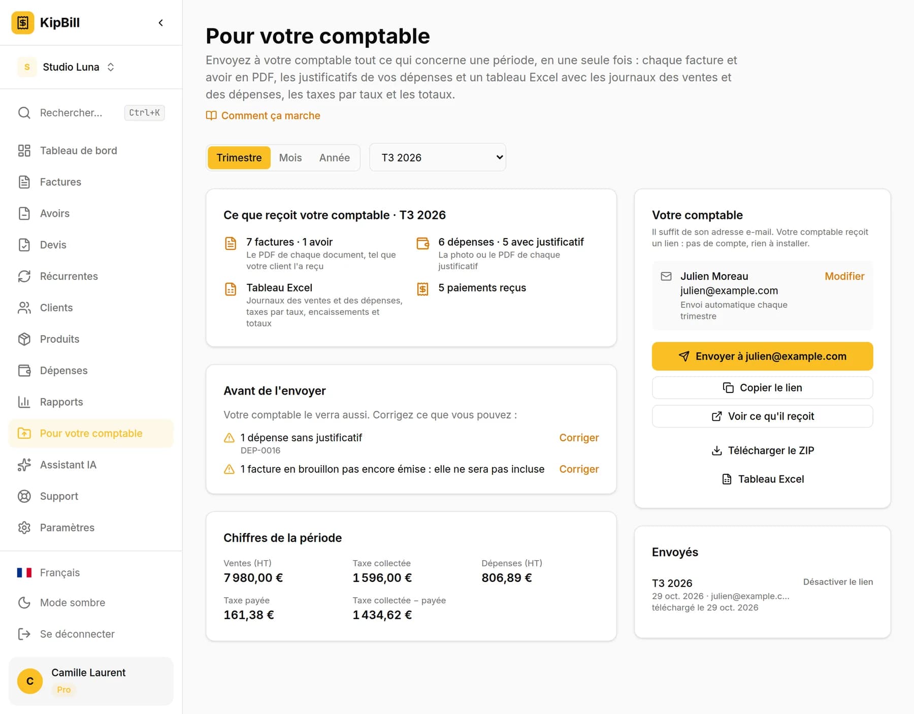 La page Pour votre comptable de KipBill avec le T3 2026 sélectionné : ce que reçoit le comptable, ce qu'il faut vérifier avant l'envoi, les chiffres de la période et les coordonnées du comptable