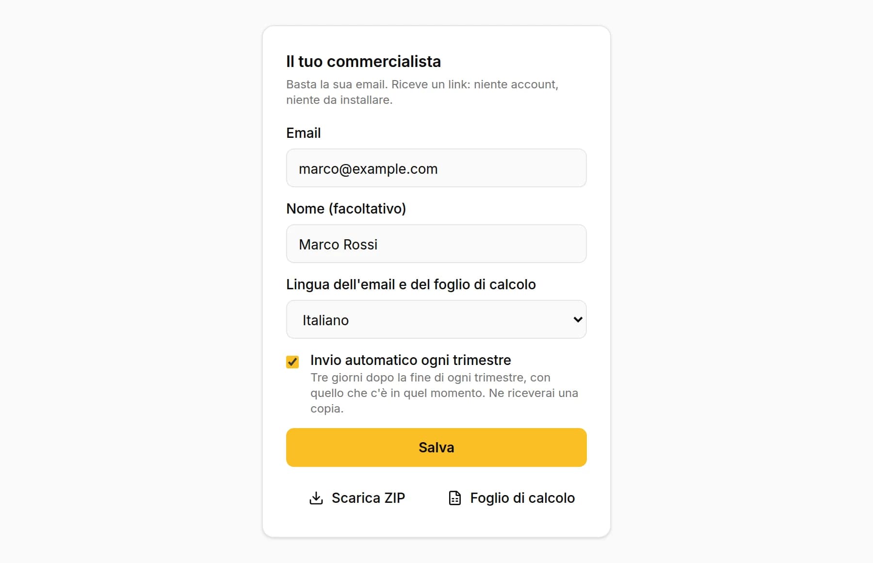 I dati del commercialista in KipBill: email, nome, lingua dell'email e del foglio di calcolo e Invio automatico ogni trimestre spuntato