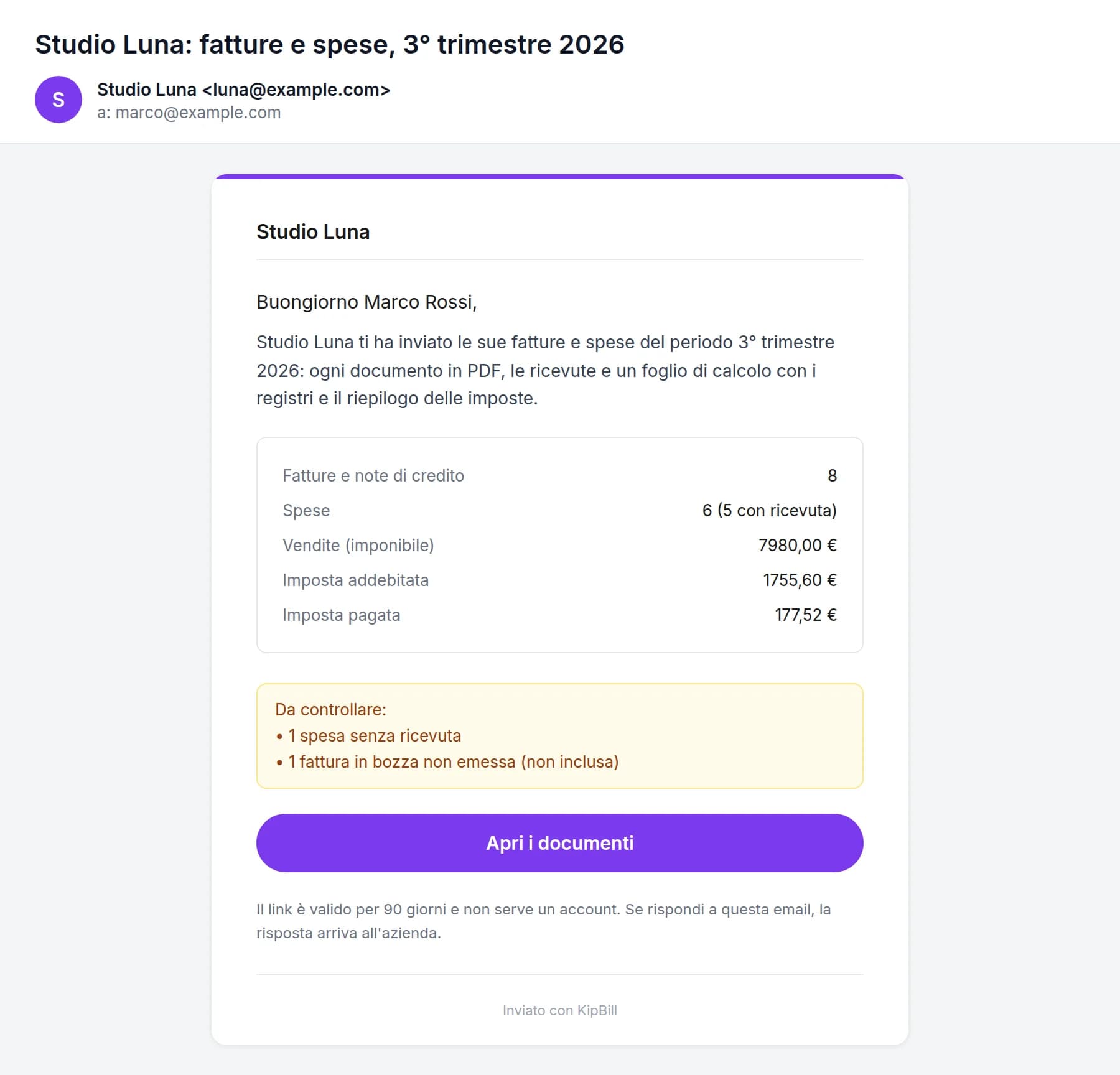 L'email che riceve il commercialista: Studio Luna, fatture e spese del 3° trimestre 2026, con il riepilogo e il pulsante Apri i documenti