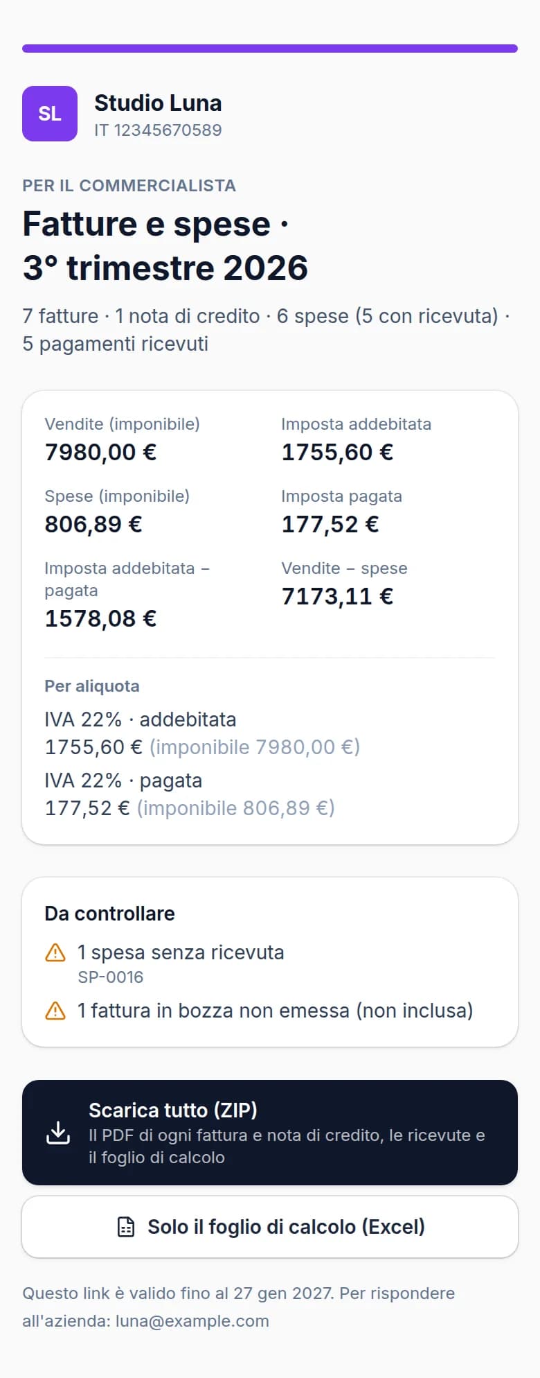 La pagina del commercialista sullo smartphone: fatture e spese del 3° trimestre 2026 di Studio Luna, con i numeri per aliquota IVA e i pulsanti per scaricare