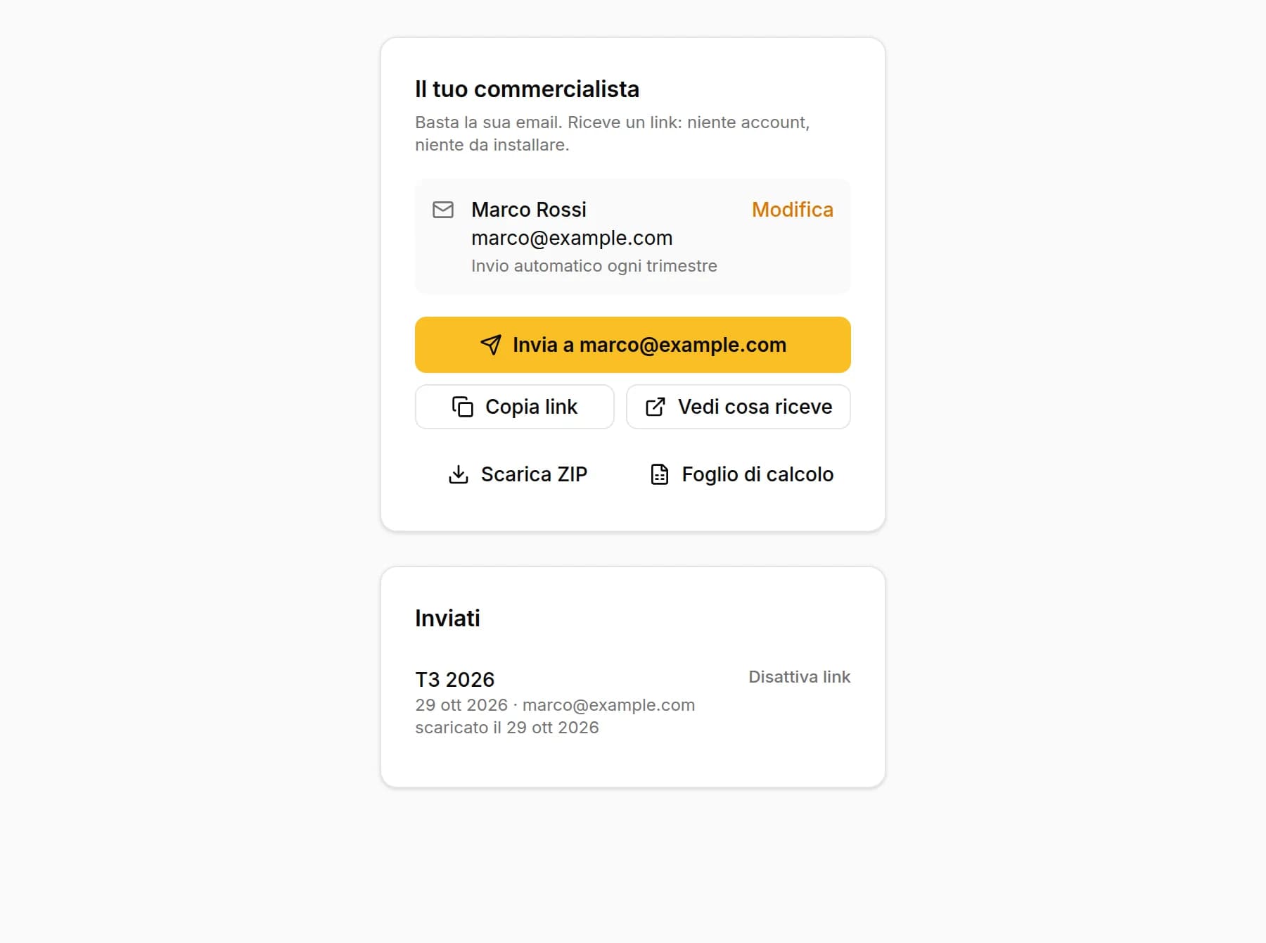 Il commercialista salvato con l'invio automatico ogni trimestre, il pulsante Invia a con la sua email, Copia link e Vedi cosa riceve, e l'elenco Inviati con il trimestre scaricato