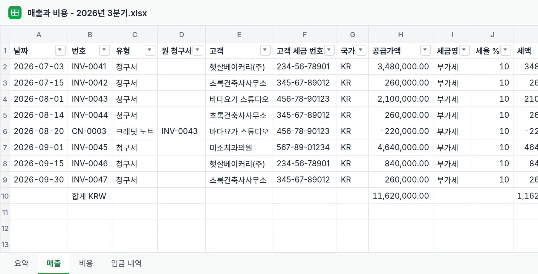 세무사용 Excel의 매출 시트: 분기 청구서마다 날짜, 번호, 문서 유형, 고객, 고객 세금 번호, 공급가액, 부가세와 세율