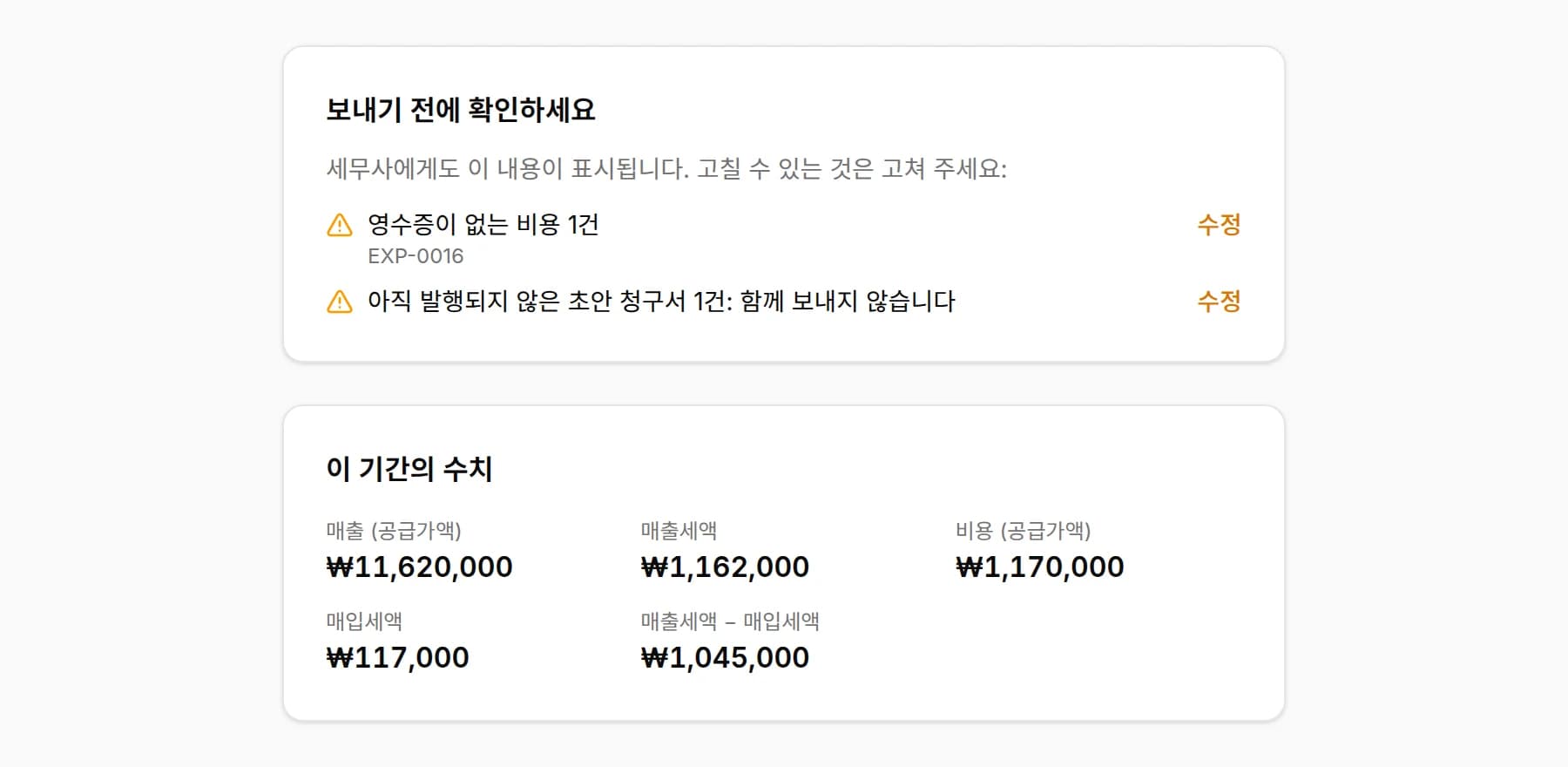 보내기 전에 확인하세요: 영수증이 없는 비용 1건과 함께 보내지 않는 초안 청구서 1건, 그 아래로 매출, 부가세 매출세액, 비용, 매입세액이 담긴 이 기간의 수치