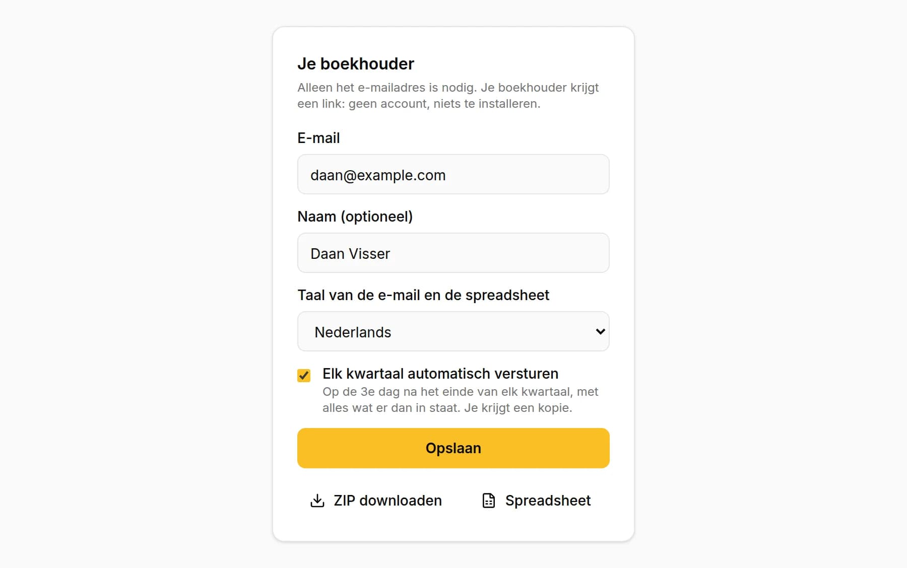 De gegevens van de boekhouder in KipBill: e-mail, naam, taal van de e-mail en de spreadsheet, en Elk kwartaal automatisch versturen aangevinkt