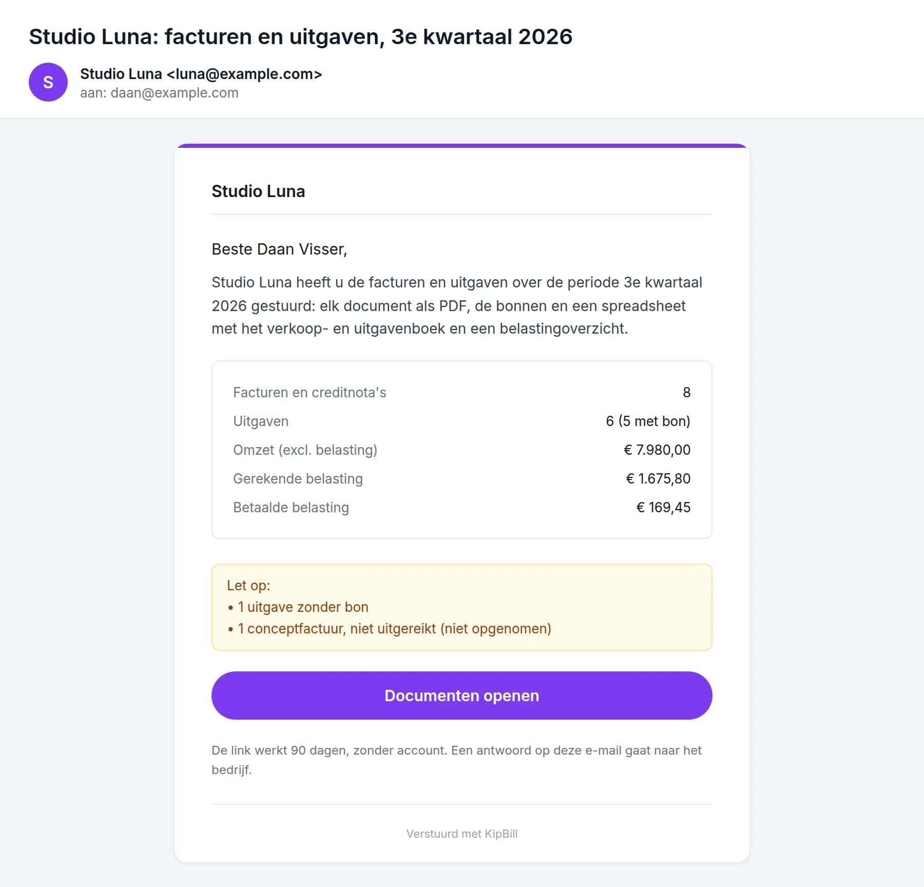 De e-mail die de boekhouder krijgt: Studio Luna, facturen en uitgaven over het 3e kwartaal 2026, met het overzicht en de knop Documenten openen