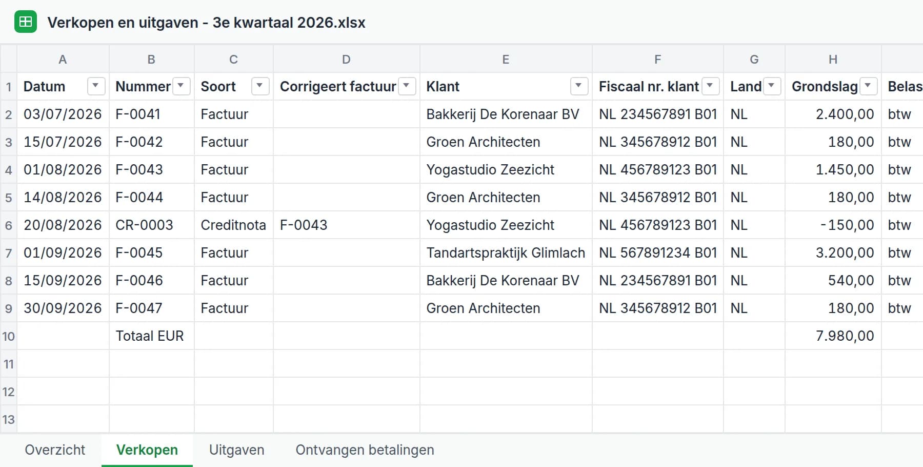 Het tabblad Verkopen van de Excel voor de boekhouder: datum, nummer, soort document, klant, fiscaal nummer van de klant, grondslag, btw en tarief van elke factuur van het kwartaal