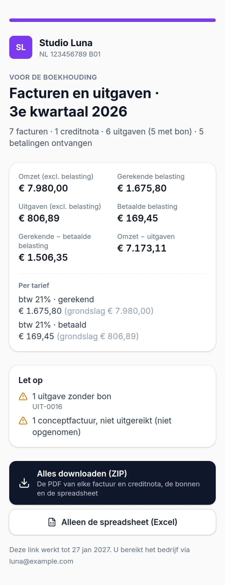 De pagina van de boekhouder op een telefoon: de facturen en uitgaven van Studio Luna over het 3e kwartaal 2026, met de cijfers per btw-tarief en de downloadknoppen