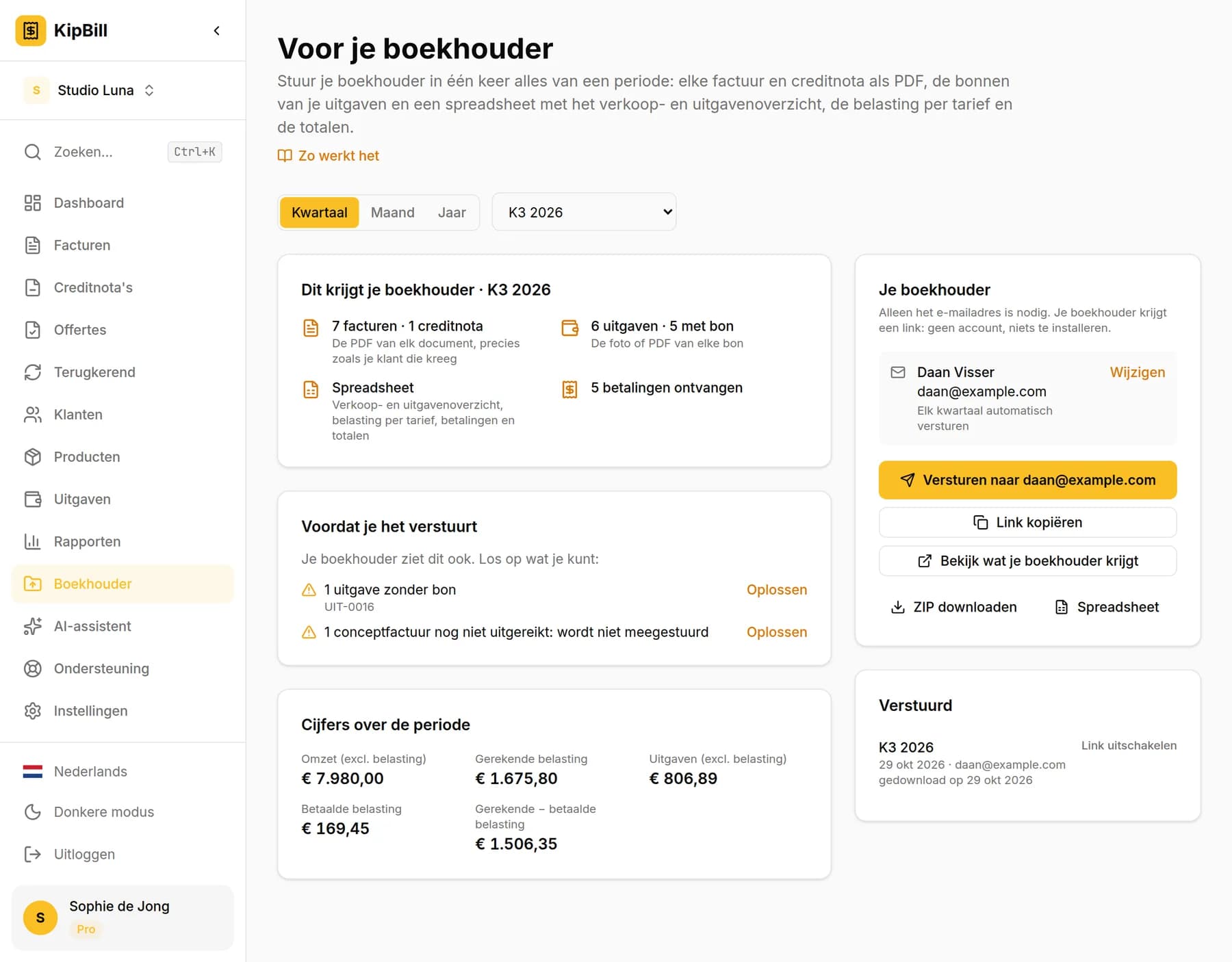 De pagina Voor je boekhouder in KipBill met K3 2026 gekozen: wat de boekhouder krijgt, wat je vóór het versturen nakijkt, de cijfers over de periode en de gegevens van de boekhouder