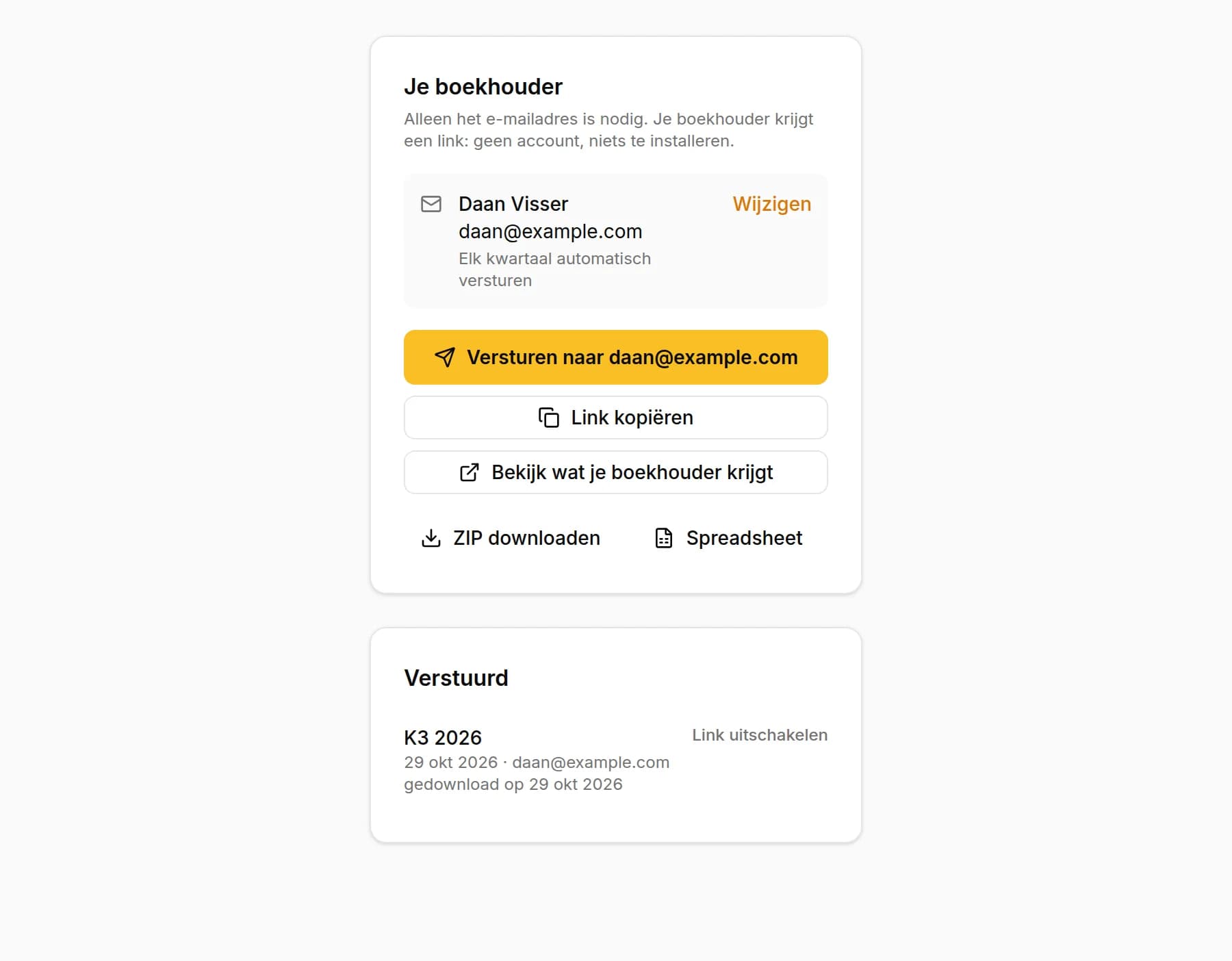 De opgeslagen boekhouder met het automatisch versturen per kwartaal, de knop Versturen naar met het e-mailadres, Link kopiëren en Bekijk wat je boekhouder krijgt, en de lijst Verstuurd met het gedownloade kwartaal