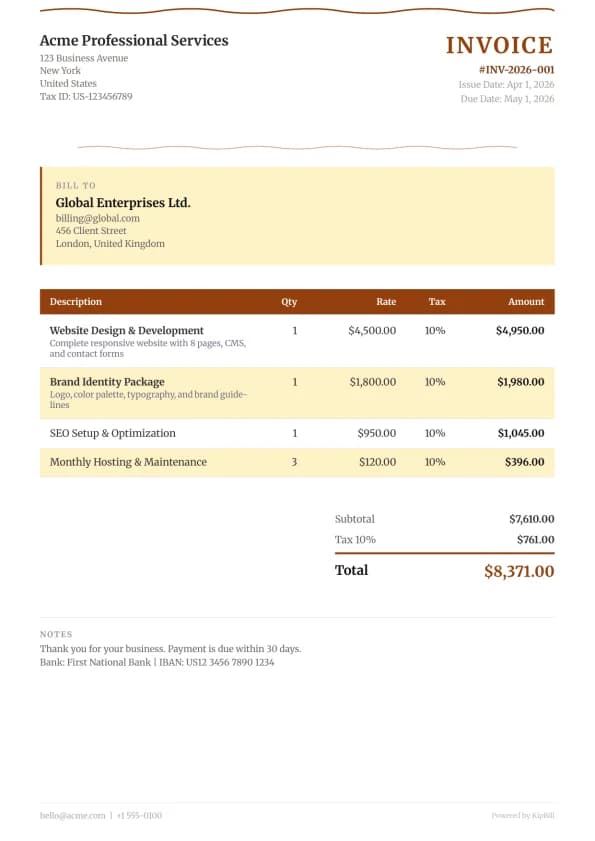 Artisan invoice template preview — professional PDF layout for artisans and handmade product sellers