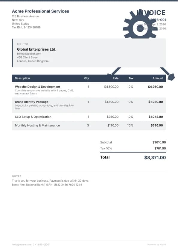 Automotive invoice template for auto repair shops and mechanics