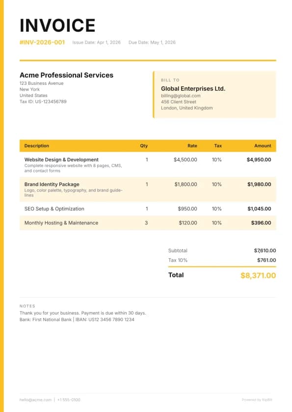 Bold invoice template for plumbing contractors and tradespeople