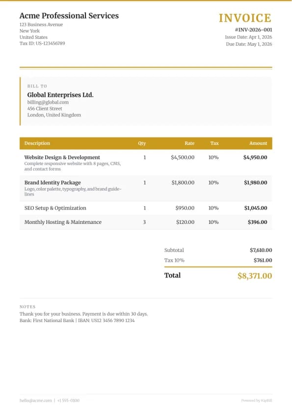 Classic invoice template for businesses and professionals