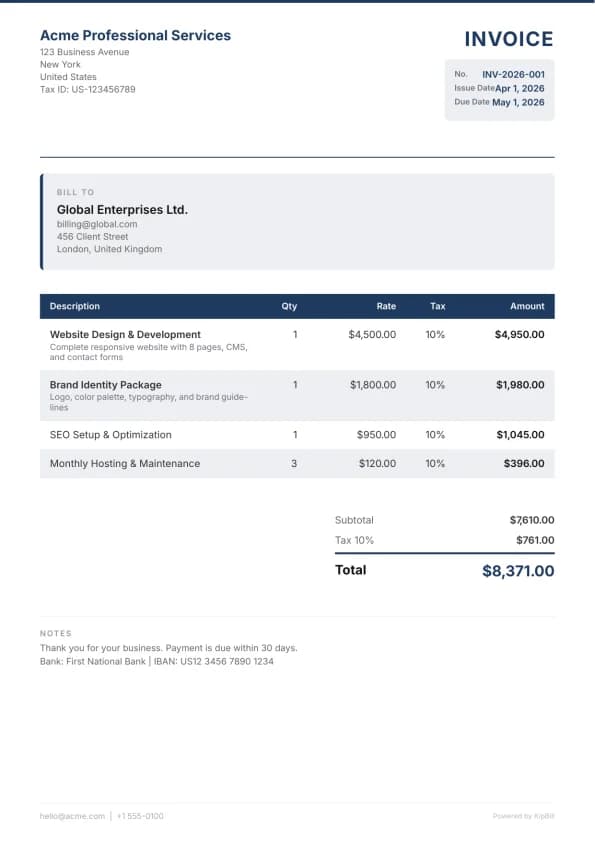 Consulting invoice template for business consultants and strategy firms