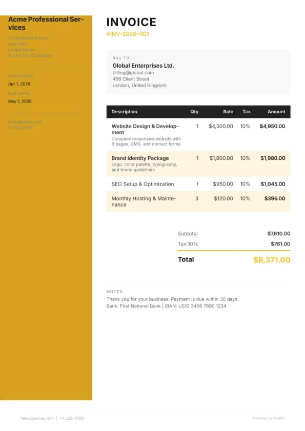 Corporate invoice template for accountants and financial professionals