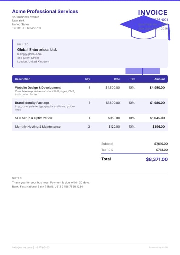 Education invoice template for tutors, schools, and training providers