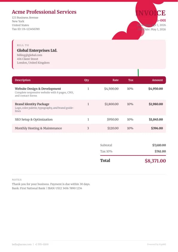 Florist invoice template for florists and event planning businesses