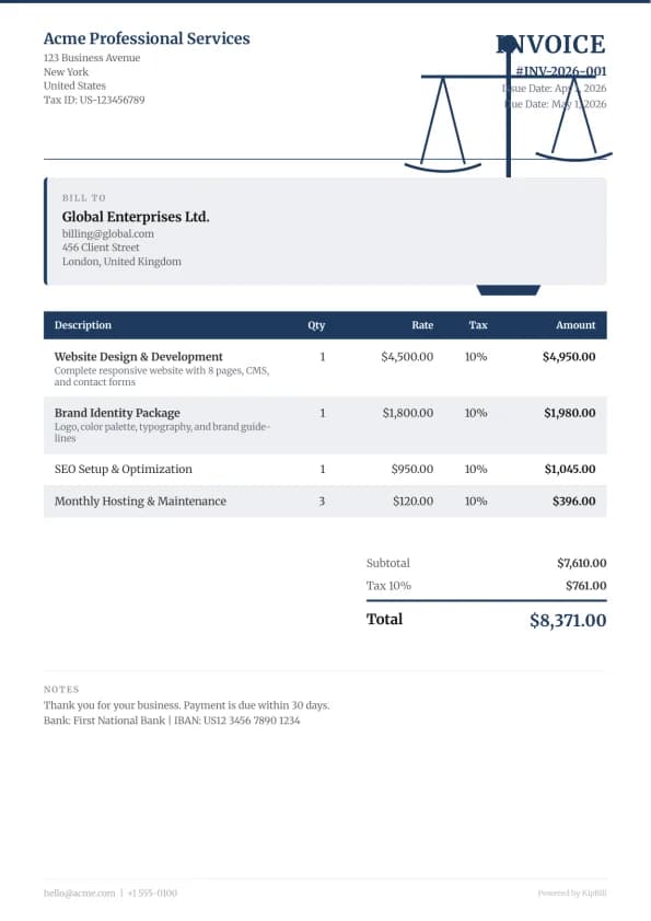 Legal invoice template for law firms and legal professionals