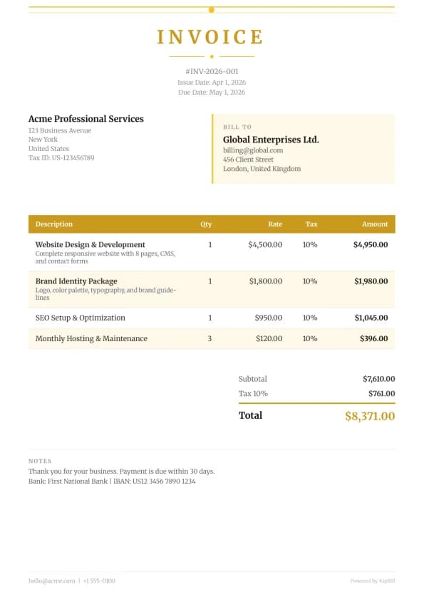 Luxe invoice template for luxury services and premium brands