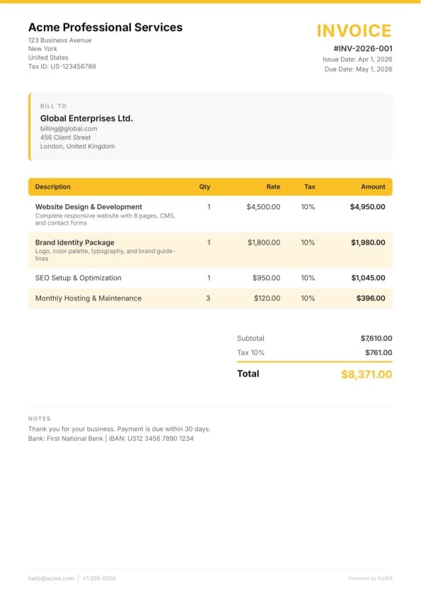 Modern invoice template for freelancers and independent professionals