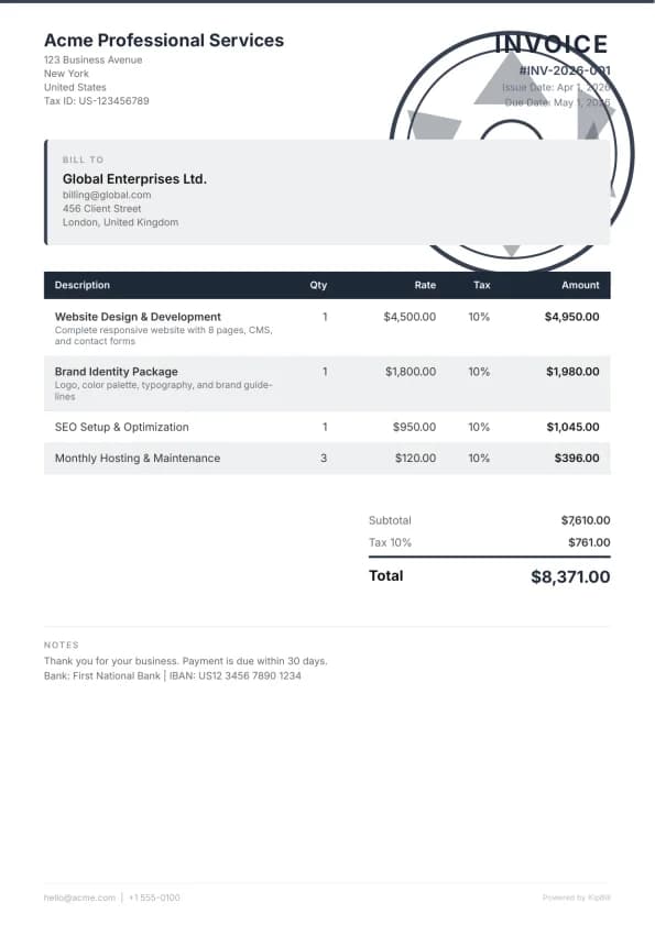 Photography invoice template for photographers and photography studios